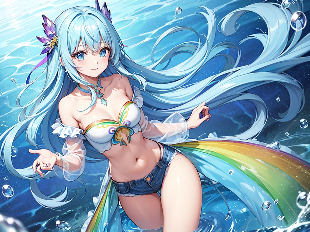  (Highest quality), (Super detailed),(Light blue long hair),(figure), (One girl), Beautiful fine details,Delicate and beautiful face,smile、A vibrant rainbow in the blue sky、Looking up at the rainbow after the rain、Colorful rainbow bubbles、Jeans on a t-shirt、floating,(High saturation),(Colorful splashes),
