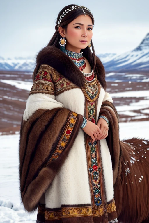 brown-haired girl, Yakutka, 25 years, in the dress of the peoples of the far north, with fur and beads, silver jewelry, standing on a snowy background,  there&#39;s a deer nearby, above it is a sky with northern lights