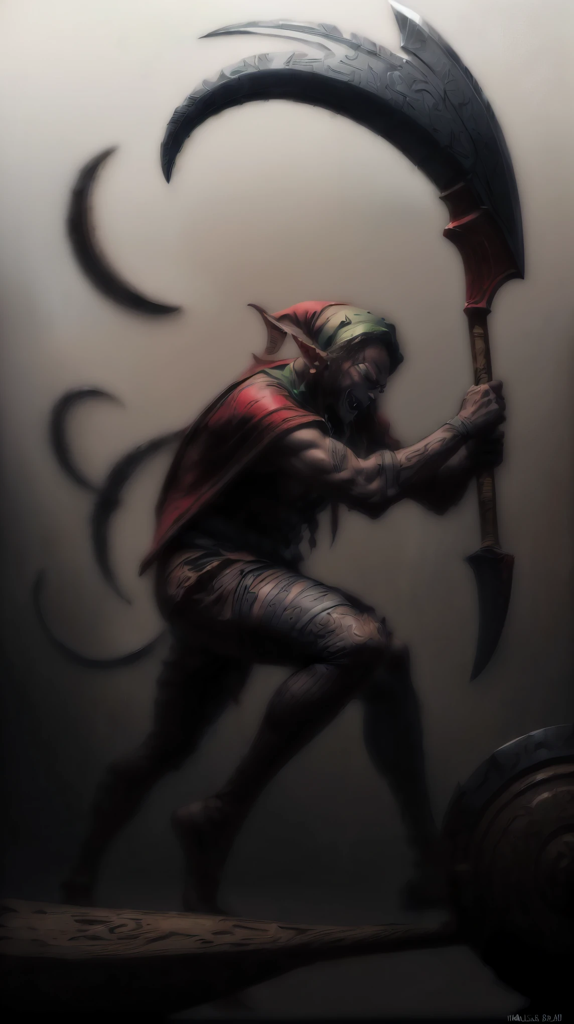 plano general, whole body, Bloom, line art,((1 elf alone, Cartoon:1.5, malevolent strong and robust, elf clothes, elf hat, an ax in his hand ,dynamic pose, large and sharp fangs:1.5)), fighting stance, looking at the viewer, Scales, (abstract ink splash:1.2), White background