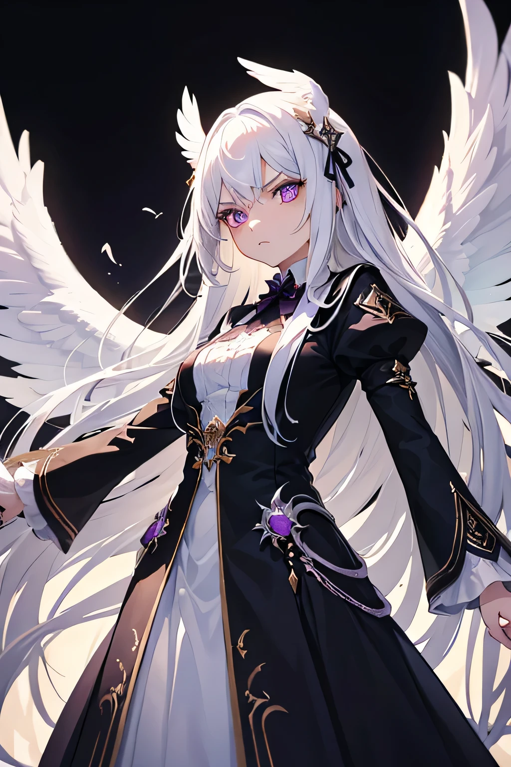 A girl with angel wings, long white hair, purples eyes. Angry face. Elegant clothes. Dark background.
