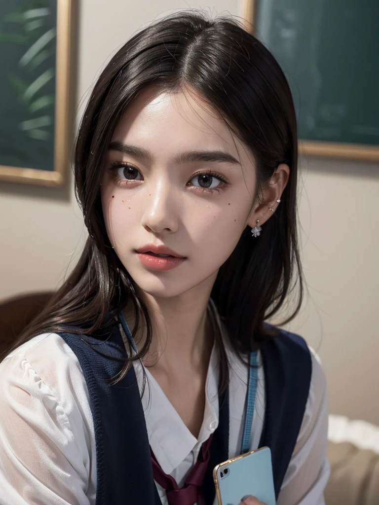 absurdres, RAW photo, extremely delicate and beautiful, masterpiece, Best Quality, ultra high resolution, 32k, hyperrealistic, ultra-detailed, super Detailed skin, 20 years old, very small head, very small face, very detailed eyes and face, tearful mole, earring, very huge round breasts, legs, medium hair, full body shot, indoor, ((school_uniform)),