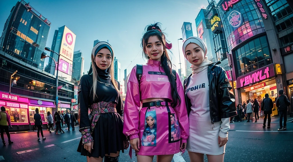 (( three cyberpunk malay girls in hijab wearing colorful Harajuku style pop outfit)), ((fisheye lens)), cowboy shot, wind, cyberpunk cityscape, (aesthetics and atmosphere:1.2), smiling, ((cinematic lighting))