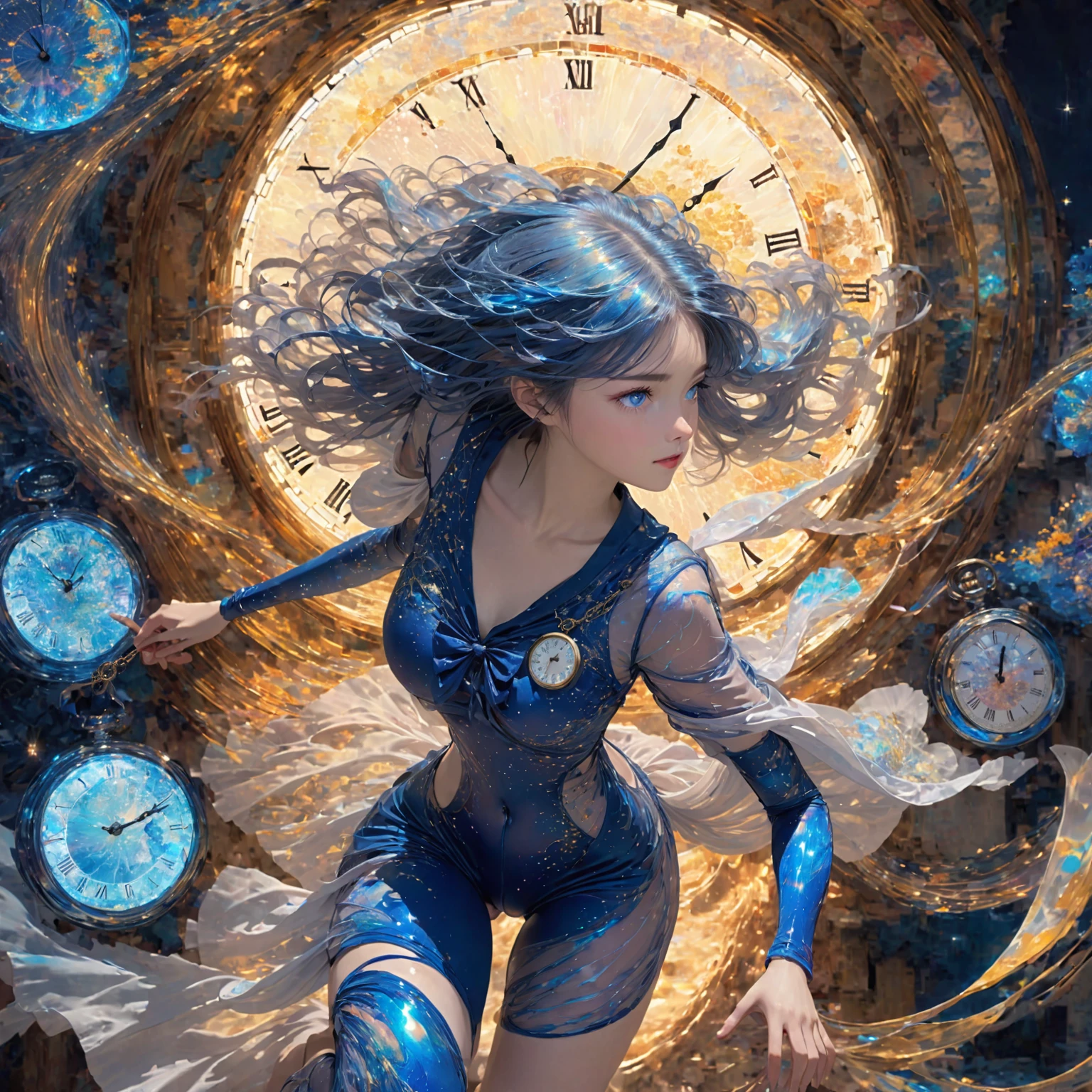 A determined and focused girl with a calm intensity in her eyes, (nude:0.8), slightly distant as if seeing through time. She has long, flowing hair with streaks of silver and blue that shimmer and change with the light. Her deep blue eyes have flecks of gold, symbolizing her connection to infinite timelines. She wears a form-fitting, high-tech bodysuit in shades of midnight blue and silver, adorned with clock gear and constellation patterns. In a dynamic, slightly crouched position, one foot forward as if stepping through a portal. Her right hand extends forward, fingers splayed and glowing with ethereal light, while her left hand cradles an antique pocket watch close to her chest. Surrounded by swirling, translucent time streams that shimmer with iridescent colors. The background is a swirling vortex of temporal energy, with fragments of ancient ruins, futuristic cities, and natural landscapes blending seamlessly. The colors are vibrant and constantly shifting, creating a surreal and timeless environment. She exudes confidence and mastery over her time-manipulating powers, with a semi-transparent, shifting cape trailing behind her, detailed gorgeous face| anime style| key visual| intricate detail| highly detailed| breathtaking| vibrant| panoramic| cinematic| Carne Griffiths| Conrad Roset| gibbli 8k