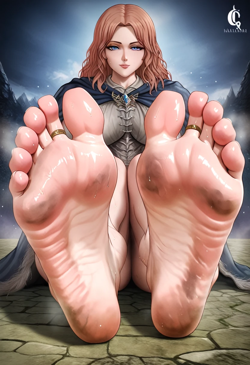 Mellina from Elden Ring, wallpaper, beautiful girl, feet, soles, very dirty soles, wet soles, wrinkled feet, stinky feet, sexy, big breast, sweaty. Masterpiece, UHD