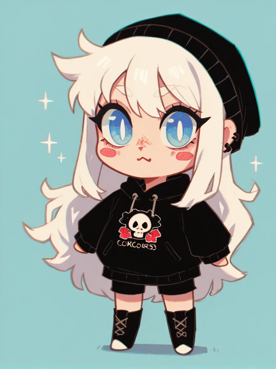 a sticker,girl with white hair, light skin, blue colored eyes, long hair, evilness, magie, drawing image, simple background, Cute cartoon, Gothic style, chibi style, highy detailed, highest quallity, high details, work of art, black leagwear
