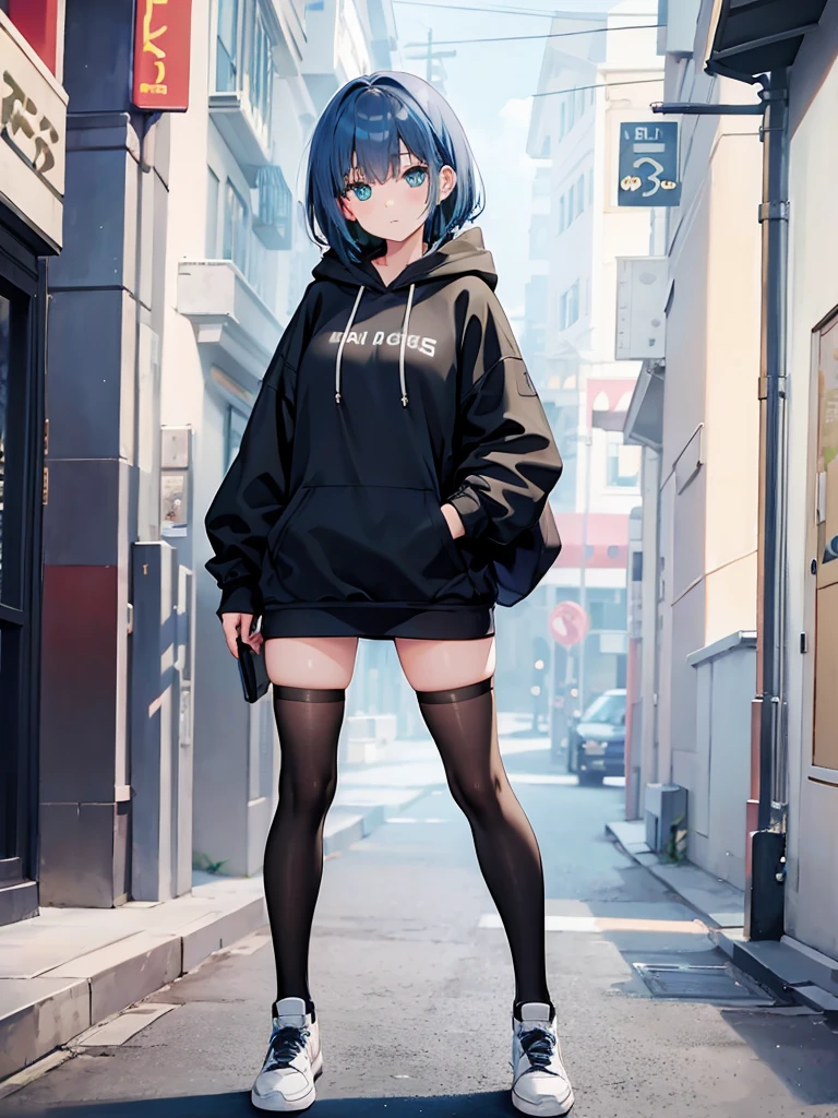 Masterpiece,High quality,(Full body 1.2),Animated standing portrait, black half pants,(black and white open hoodie),black open hoodie,(green hair 1.4),Animated girl with short green hair and green eyes,(detailed eyes 1.6),(clear eyes 1.4),(beautiful eyes 1.4),(shining eyes 1. 4), White cyan, Green hair, Detailed key animated art, Animated portrait, Shining eyes, Blue haired girl, Blue light hair, Black half pants, White stockings, Thighs, 4K