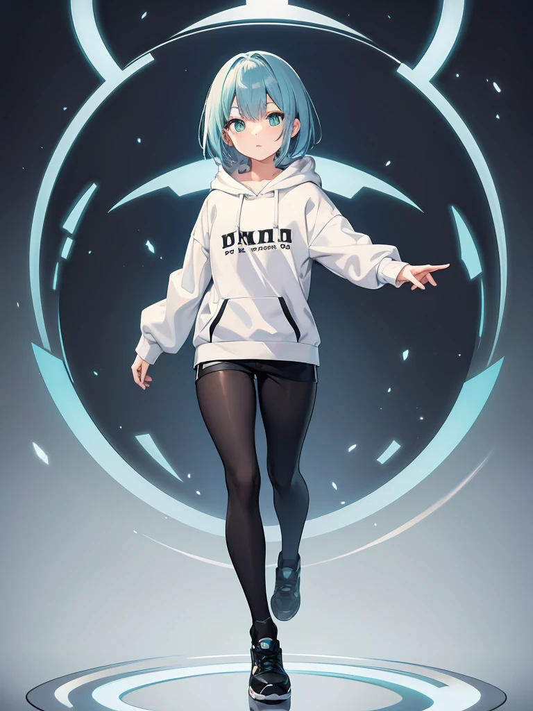 Masterpiece,High quality,(Full body 1.2),Animated standing portrait, black half pants,(black and white open hoodie),black open hoodie,(green hair 1.4),Animated girl with short green hair and green eyes,(detailed eyes 1.6),(clear eyes 1.4),(beautiful eyes 1.4),(shining eyes 1. 4), White cyan, Green hair, Detailed key animated art, Animated portrait, Shining eyes, Blue haired girl, Blue light hair, Black half pants, White stockings, Thighs, 4K