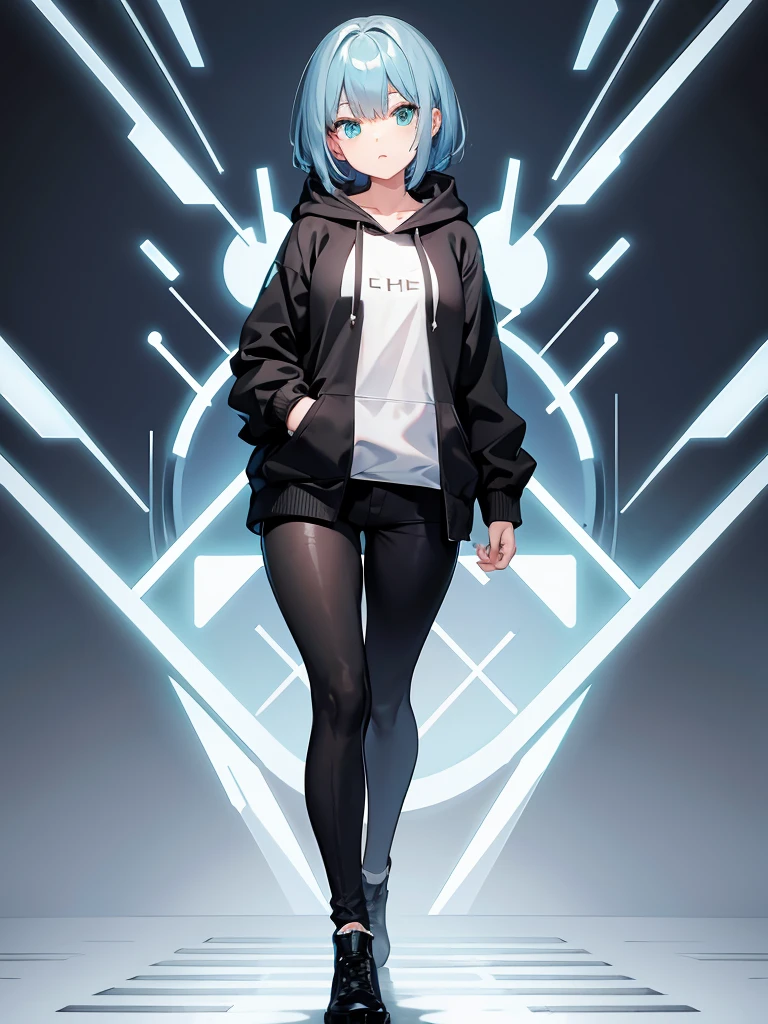 Masterpiece,High quality,(Full body 1.2),Animated standing portrait, black half pants,(black and white open hoodie),black open hoodie,(green hair 1.4),Animated girl with short green hair and green eyes,(detailed eyes 1.6),(clear eyes 1.4),(beautiful eyes 1.4),(shining eyes 1. 4), White cyan, Green hair, Detailed key animated art, Animated portrait, Shining eyes, Blue haired girl, Blue light hair, Black half pants, White stockings, Thighs, 4K