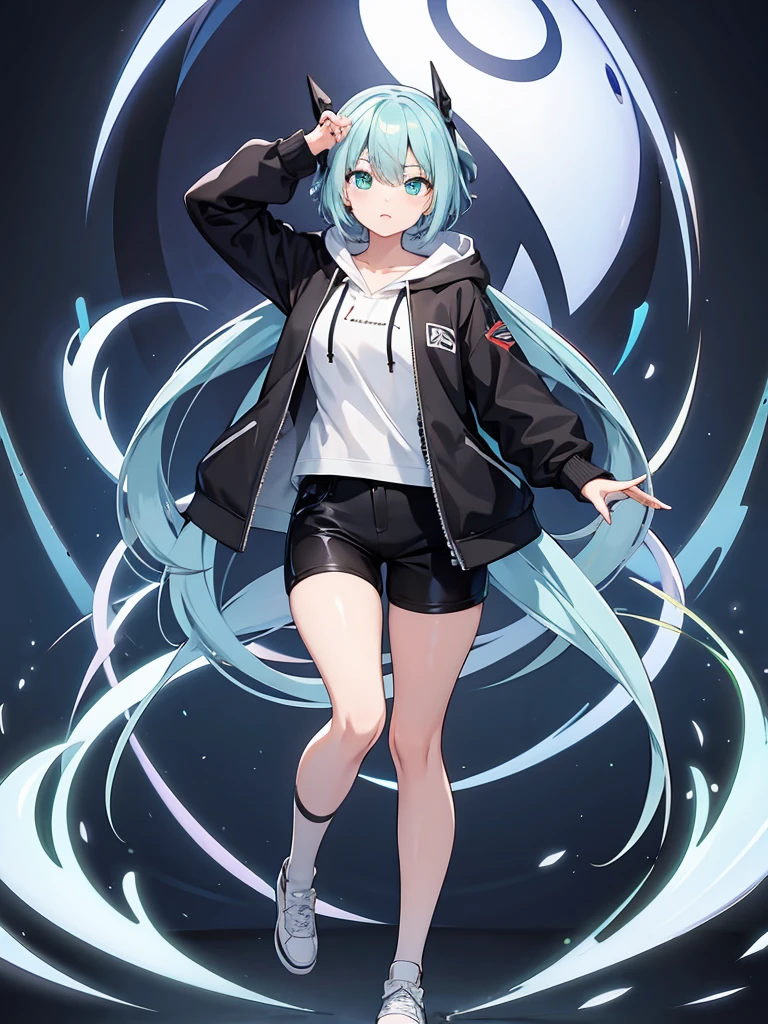 Masterpiece,High quality,(Full body 1.2),Animated standing portrait, black half pants,(black and white open hoodie),black open hoodie,(green hair 1.4),Animated girl with short green hair and green eyes,(detailed eyes 1.6),(clear eyes 1.4),(beautiful eyes 1.4),(shining eyes 1. 4), White cyan, Green hair, Detailed key animated art, Animated portrait, Shining eyes, Blue haired girl, Blue light hair, Black half pants, White stockings, Thighs, 4K