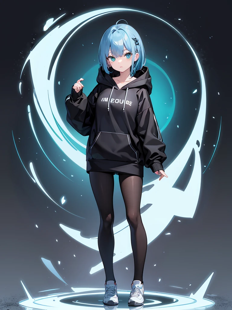 Masterpiece,High quality,(Full body 1.2),Animated standing portrait, black half pants,(black and white open hoodie),black open hoodie,(green hair 1.4),Animated girl with short green hair and green eyes,(detailed eyes 1.6),(clear eyes 1.4),(beautiful eyes 1.4),(shining eyes 1. 4), White cyan, Green hair, Detailed key animated art, Animated portrait, Shining eyes, Blue haired girl, Blue light hair, Black half pants, White stockings, Thighs, 4K