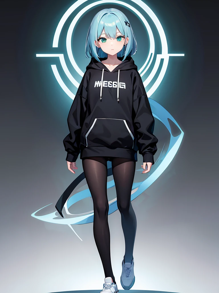 Masterpiece,High quality,(Full body 1.2),Animated standing portrait, black half pants,(black and white open hoodie),black open hoodie,(green hair 1.4),Animated girl with short green hair and green eyes,(detailed eyes 1.6),(clear eyes 1.4),(beautiful eyes 1.4),(shining eyes 1. 4), White cyan, Green hair, Detailed key animated art, Animated portrait, Shining eyes, Blue haired girl, Blue light hair, Black half pants, White stockings, Thighs, 4K