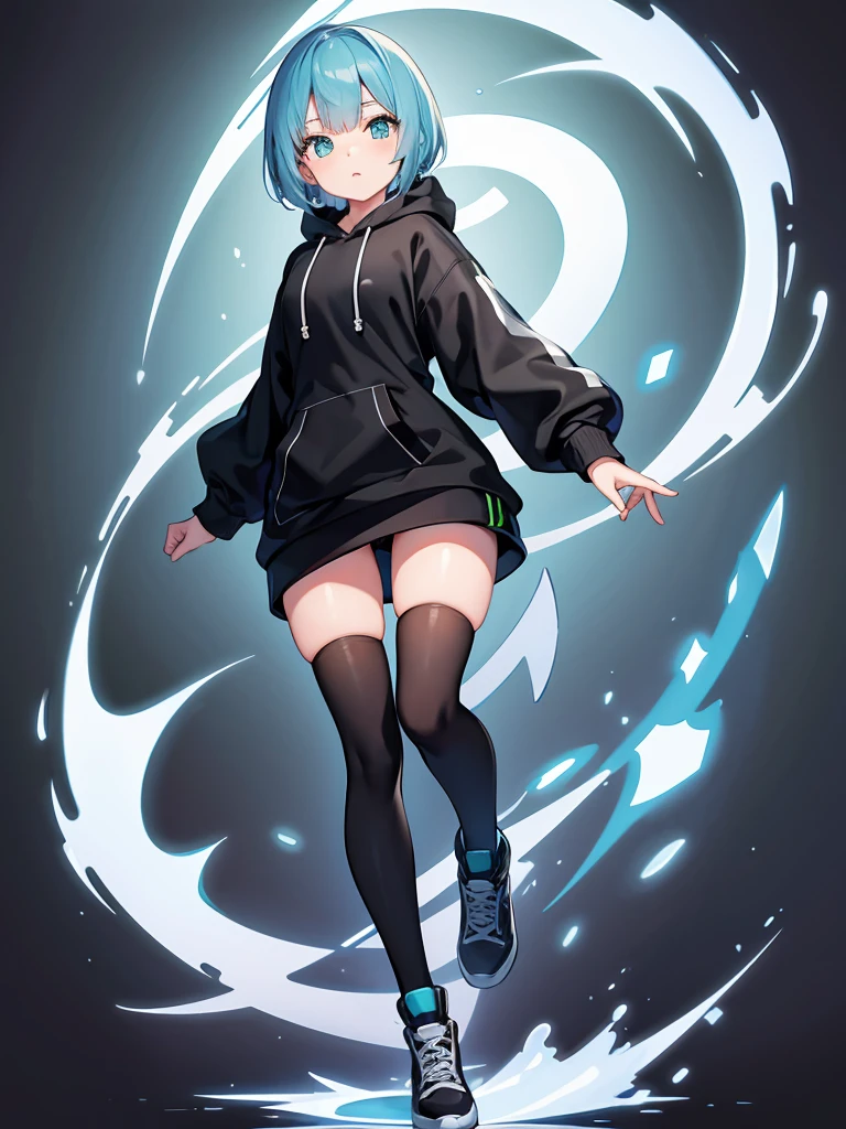 Masterpiece,High quality,(Full body 1.2),Animated standing portrait, black half pants,(black and white open hoodie),black open hoodie,(green hair 1.4),Animated girl with short green hair and green eyes,(detailed eyes 1.6),(clear eyes 1.4),(beautiful eyes 1.4),(shining eyes 1. 4), White cyan, Green hair, Detailed key animated art, Animated portrait, Shining eyes, Blue haired girl, Blue light hair, Black half pants, White stockings, Thighs, 4K