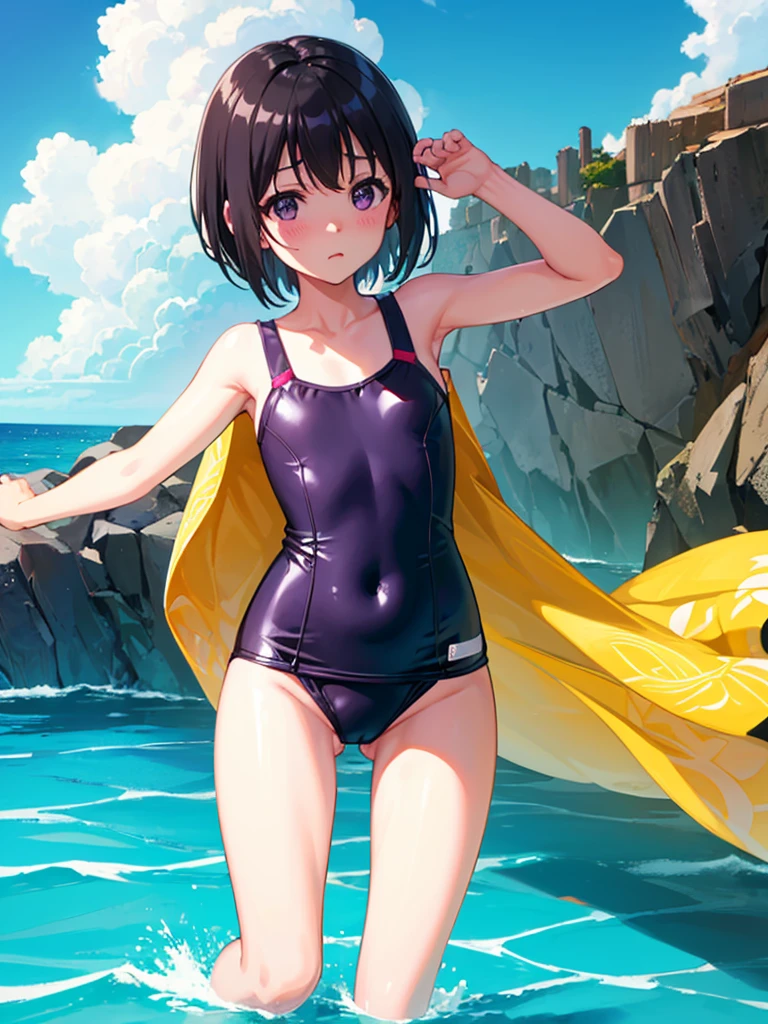 ランダムなポーズ、Random patterned swimsuit、Random patterned swimsuit,Swimsuit,Blushing、short hair、Black Hair、Pale purple eyes、Head to toe full body、Blushing、Embarrassed look、Composition from the front、A view from slightly below、school swimwear、Acme Face、Random pose、, 、nsfw、Highest quality、1 girl、solo、Ocean、Sandy Beach、Sexy pose、Random pose、Blushing、wet、Embarrassed、I can see half of my 、、One piece swimsuit、(Strap slip:1.3)、