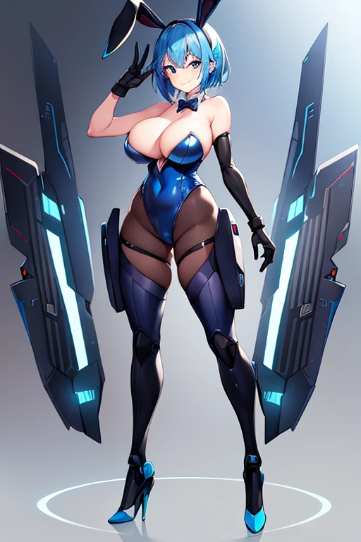 1girl, blue hair, large breasts, bunny ears, rabbit ears, wide hips, bodysuit, black bodysuit, short hair, very short hair, science-fiction, tech, futuristic, machinery, full body, ((full body)), smile, light smile, robot girl, drone, high heels,