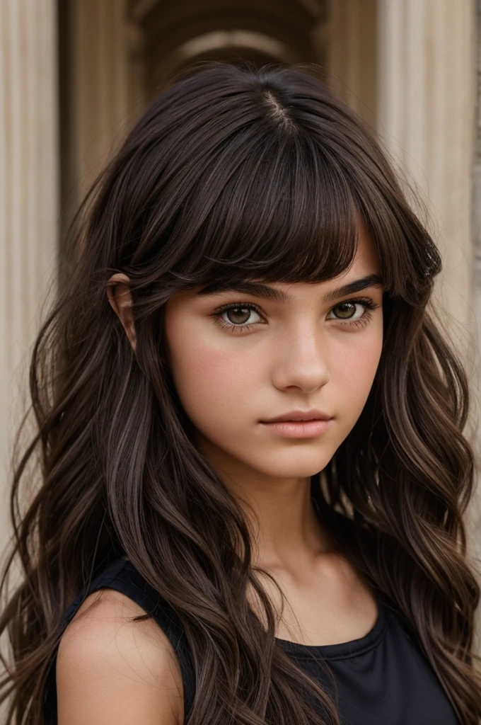 Create a ager with a Roman nose, dark brown hair, wavy and parted in the middle with two bangs on each side, dark brown eyes and dark clothing from the shoulders up