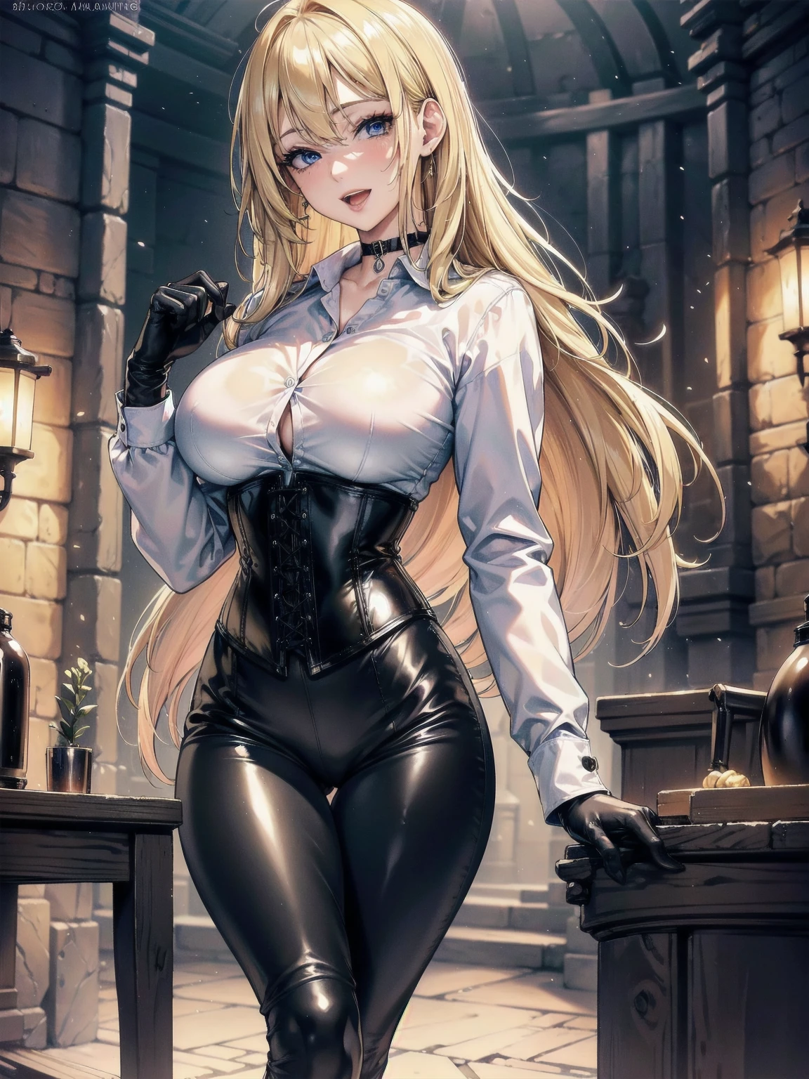 Masterpiece, Superior image quality, high resolution, 4k image,photo and gross, photorealistic, whole body, ung blonde of 15 years, walking, {{{vagina}}}, big breasts, beautiful face, long blonde hair, Blue eyes, very detailed eyes, pink cheeks, happy expression, draw smile with open mouth, choker:1.6, (white collar button down long sleeve shirt), black gloves, gloves that cover hands, (black leather corset), (shiny black leggings), Sensual Lips, show details in the eyes, View from the front, looking at the viewer, walking en una aldea medieval de fondo, at daytime