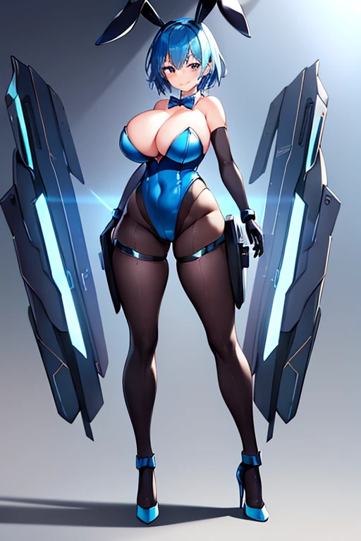 1girl, blue hair, large breasts, bunny ears, rabbit ears, wide hips, bodysuit, black bodysuit, short hair, very short hair, science-fiction, tech, futuristic, machinery, full body, ((full body)), smile, light smile, robot girl, drone, high heels, pantyhose,