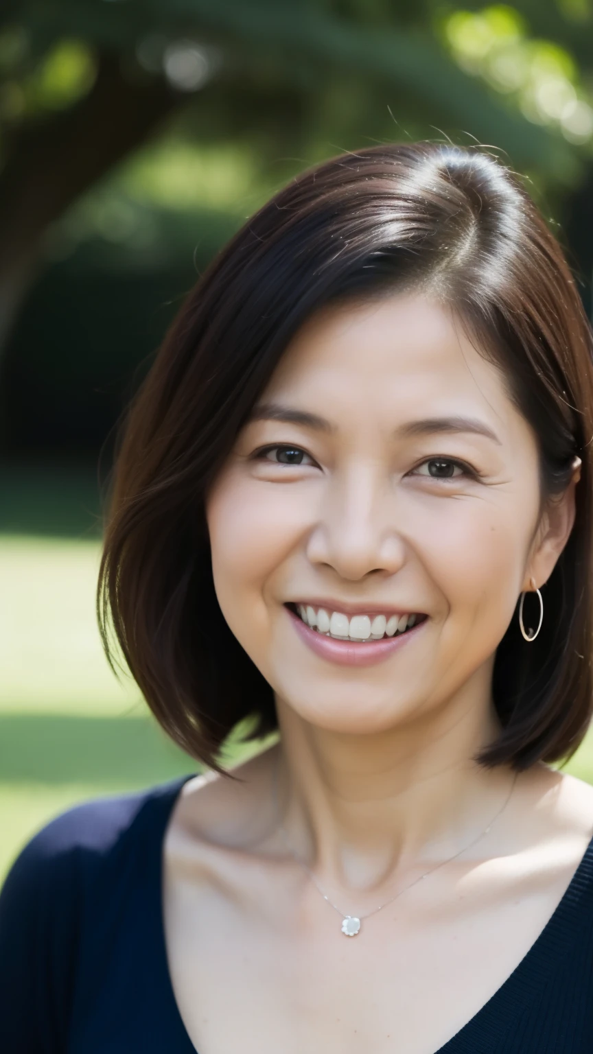 最high quality, In 8K, Overall image, Genuine, Sharp focus, high quality, High resolution, Detailed face, fine grain, Thick lips, Background Blur, alone, Middle-aged women, , 65 years old, , Wavy Hair, Cleavage, Wearing a plain short-sleeved knit, Standing in the park, Wrinkles around the eyes, Smiling with teeth showing