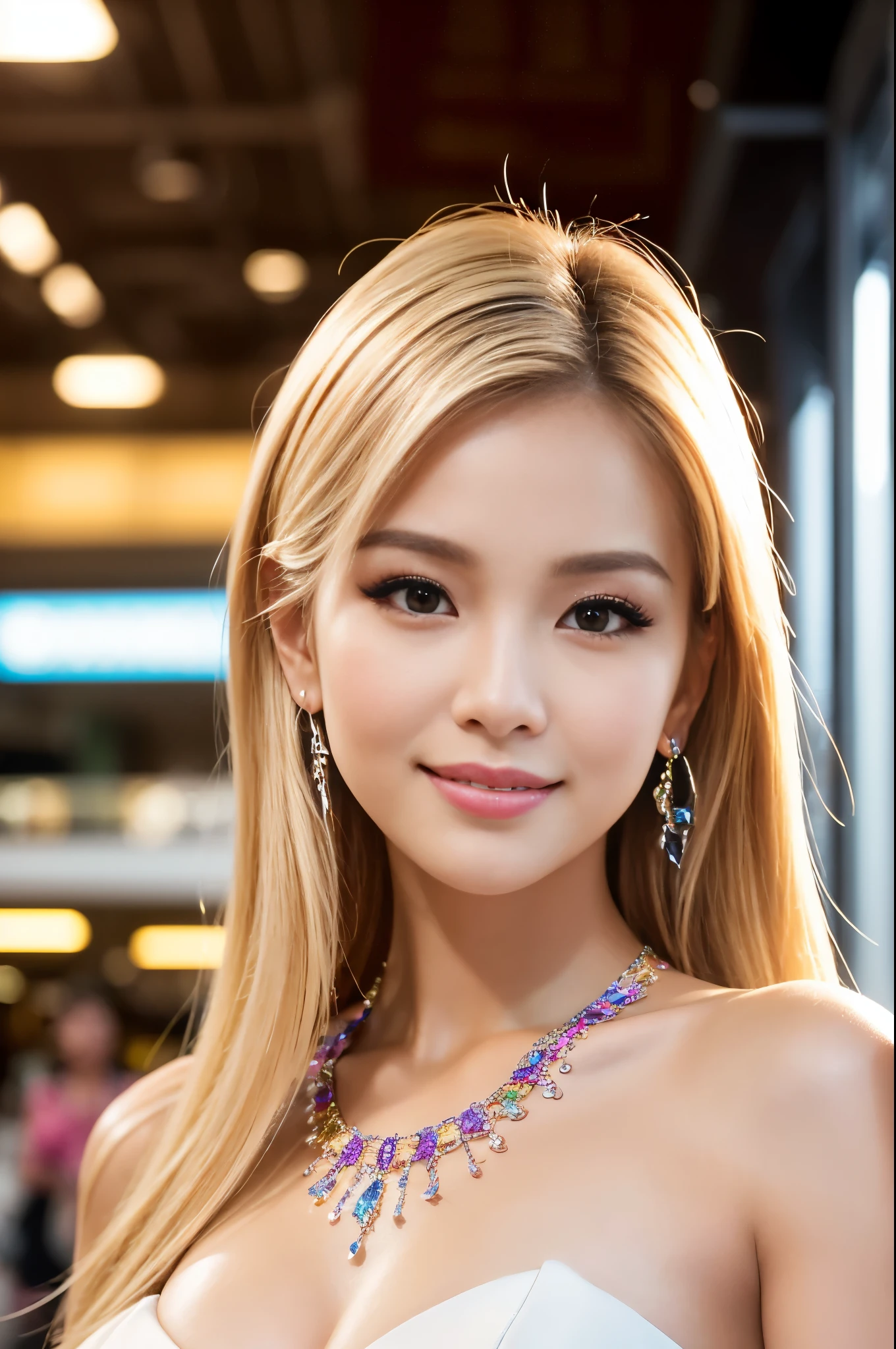 (masterpiece:1.4), (best quality:1.4), ultra high res, ultra high resolution, ((detailed facial features)), HDR, (realistic, photorealistic, photo-realistic:1.37), closeup, sexy seductive Thai woman, (seductive smile), long lashes, beautiful makeup, platinum blonde hair, fair skin, slender figure, elegant posture, wearing large sparkling colorful jewelry, wearing a business style leather dress, standing in a large shopping mall, gentle sunlight shining through the shopping mall windows, casting a soft glow on her face, adding warmth to the scene, vibrant colors, capturing the essence of vibrant city life, portrait style, showcasing her natural beauty and grace in a feminine way