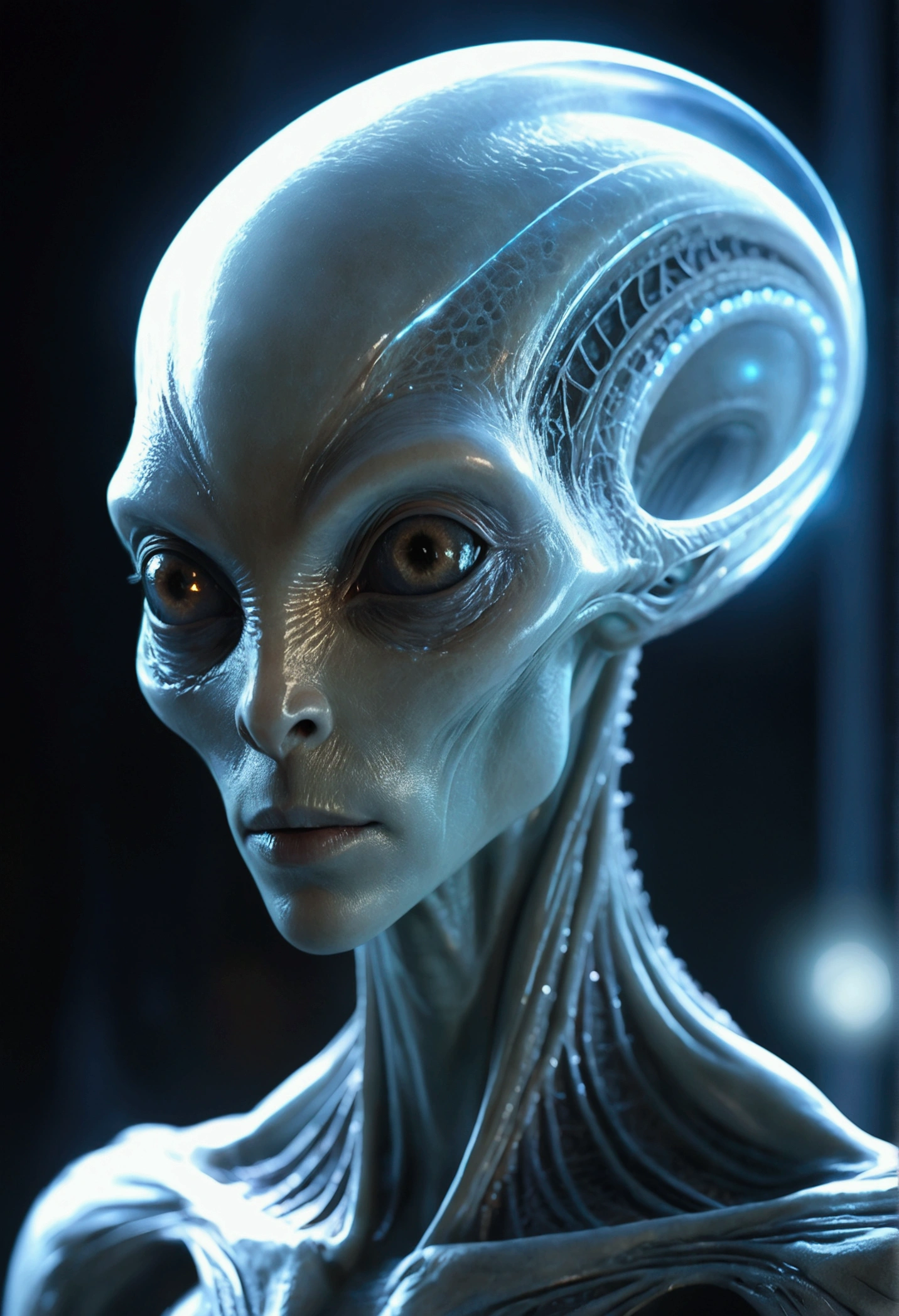 fantchar, a translucent ethereal alien with delicate features in a sci-fi setting, glowing from within, sparks and lights, moonlight, moon, close-up, realistic, highly detailed, intricate