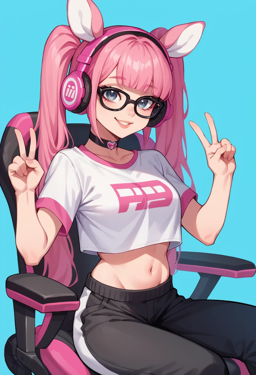 Masterpiece, pink gamer headphones, white gamer headphones, perfect face, smile, vramslace, 1girl, solo, long hair, looking at viewer, pink deer animal ears bangs, shirt, navel, twintails, pink hair, perfect hair, glasses, choker, midriff, pants, blunt bangs, two-tone hair, lips, crop top, v, blue background, t-shirt, black-framed eyewear, sitting, pink racing chair, white racing chair