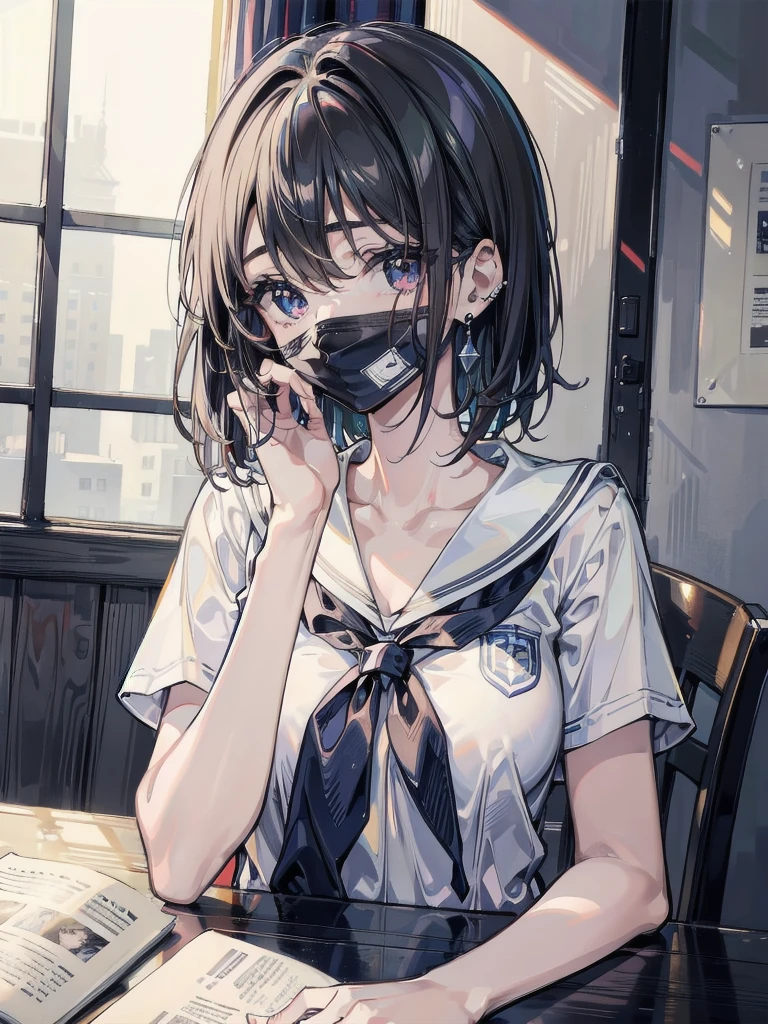 absurdres, RAW photo, extremely delicate and beautiful, masterpiece, Best Quality, ultra high resolution, 32k, hyperrealistic, ultra-detailed, super Detailed skin, 20 years old, very small head, very small face, very detailed eyes and face, tearful mole, earring, very huge round breasts, legs, medium hair, whole body shot, indoor, ((school_uniform)),