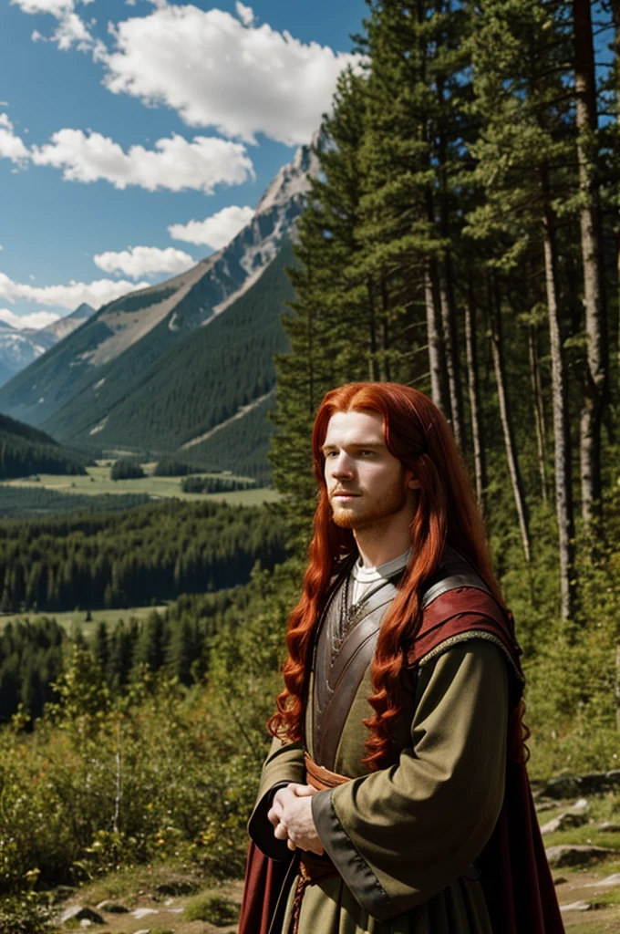 Red-haired boy with long hair from medieval times surrounded by mountains and forest 