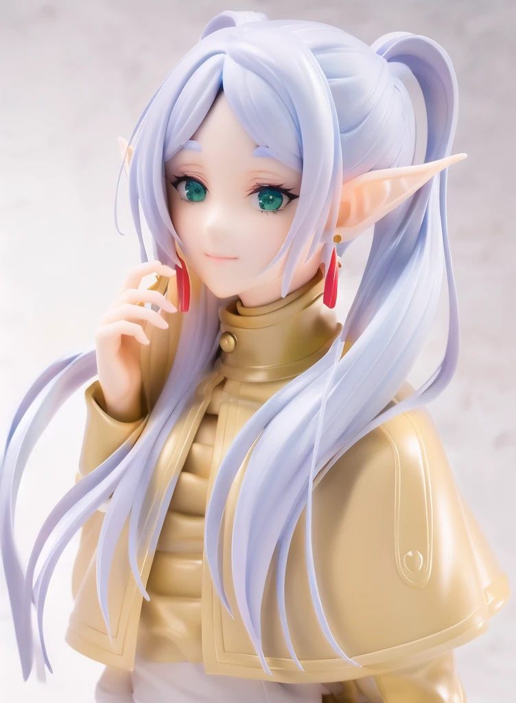 Frieren (Sousou no Frieren), figure, portrait of very beautiful elf, elf girl, Frieren, anime figurine, anime figure, figurine, collectible figure, realistic, masterpiece, [realistic], [3d], (8k, RAW photo, best quality, masterpiece:1.2), ultra high res, photo realistic, professional lighting, detailed lighting, professional photography, high quality, high res, extremely detailed
