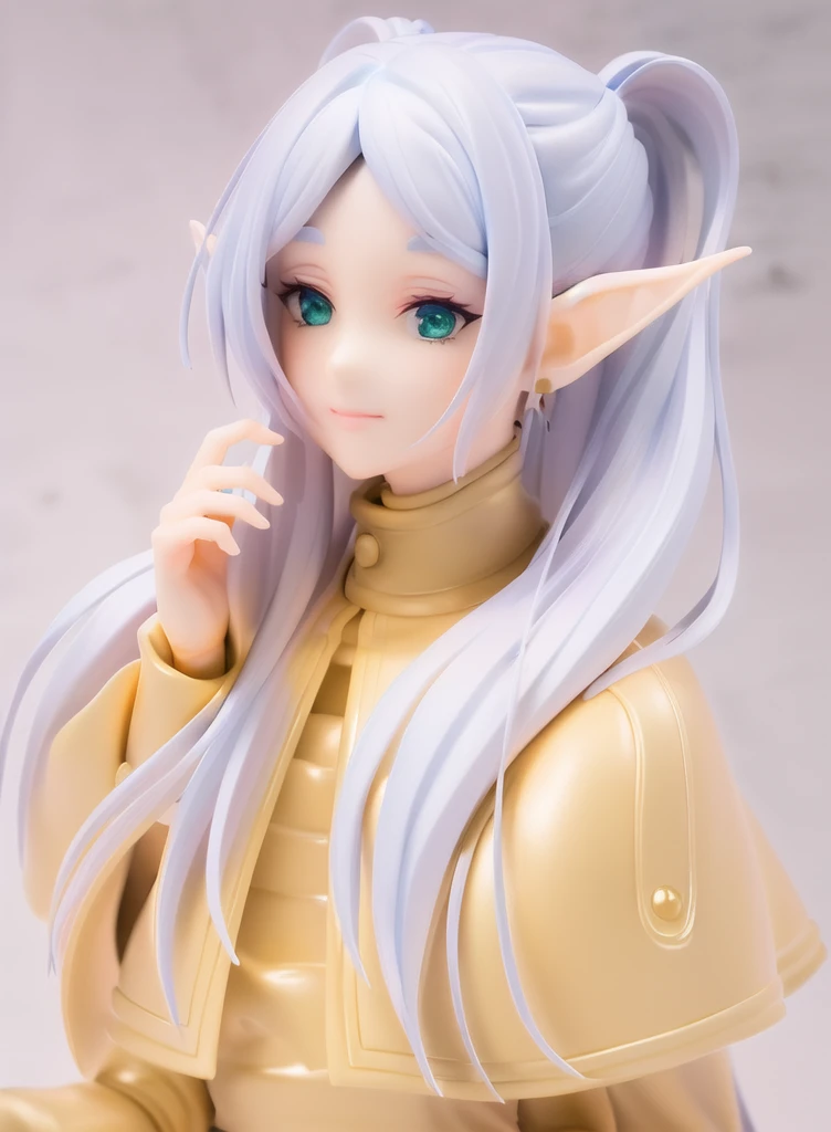 Frieren (Sousou no Frieren), figure, portrait of very beautiful elf, elf girl, Frieren, anime figurine, anime figure, figurine, collectible figure, realistic, masterpiece, [realistic], [3d], (8k, RAW photo, best quality, masterpiece:1.2), ultra high res, photo realistic, professional lighting, detailed lighting, professional photography, high quality, high res, extremely detailed