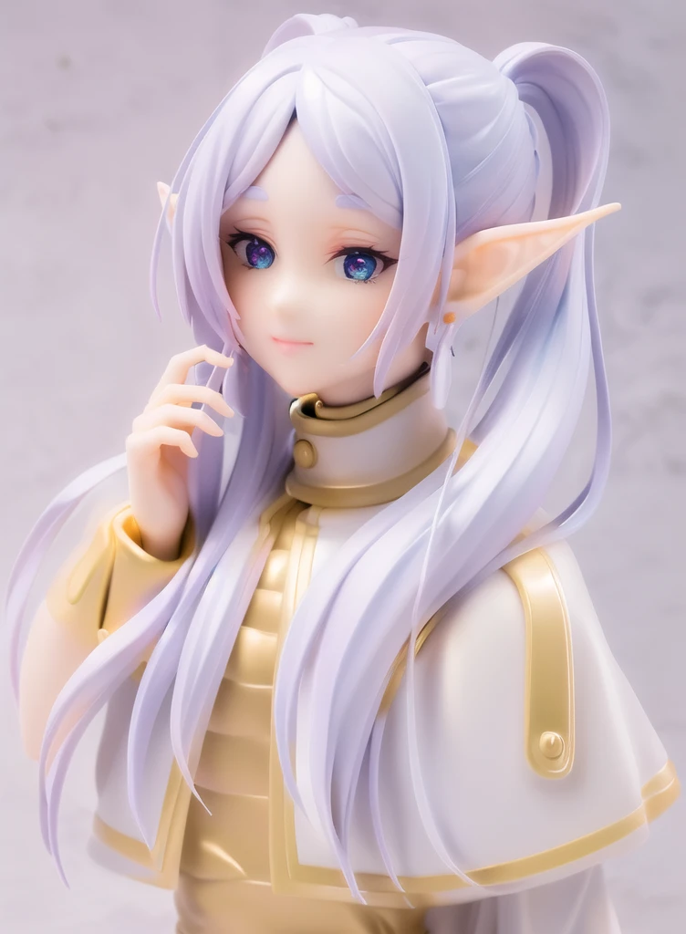 Frieren (Sousou no Frieren), figure, portrait of very beautiful elf, elf girl, Frieren, anime figurine, anime figure, figurine, collectible figure, realistic, masterpiece, [realistic], [3d], (8k, RAW photo, best quality, masterpiece:1.2), ultra high res, photo realistic, professional lighting, detailed lighting, professional photography, high quality, high res, extremely detailed