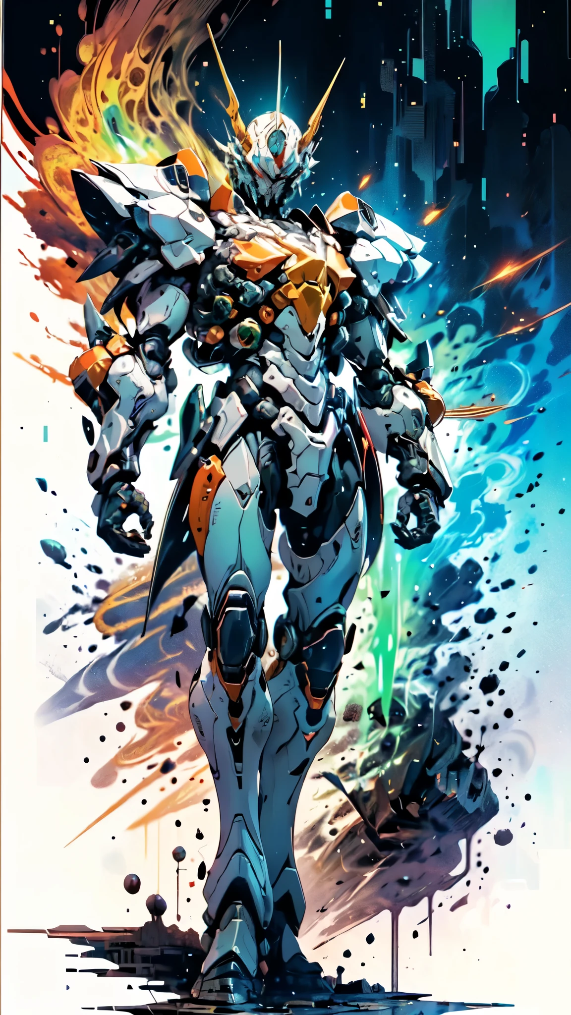 (masterpiece:1.5, best quality:1.5, extremely delicate:1.5, foreshortening:1.5, dynamic angle:1.5), a man wearing a full-face helmet, a fantasy-style biotech armored combat suit, green eyes, (a composite layered chest armor), fully enclosed shoulder guards, matching arm and leg guards, belt of Neon circuit, (the color scheme is primarily white with red green accents), the design balances heavy with agility, a high-tech bio-mecha armor, (Armor Concept Inspired by neon Cyberpunk, stand on the top of a skyscraper in a futuristic sci-fi city), this character embodies a finely crafted fantasy-surreal style armored hero in anime style, exquisite and mature manga art style, (element, plasma, energy, the armor glows), ((male:1.5)), metallic, high definition, highres, ultra-detailed, ultra-fine painting, professional, perfect body proportions, golden ratio, anatomically correct, symmetrical face, extremely detailed eyes and face, high quality eyes, creativity, RAW photo, UHD, 32k, Natural light, cinematic lighting, masterpiece-anatomy-perfect