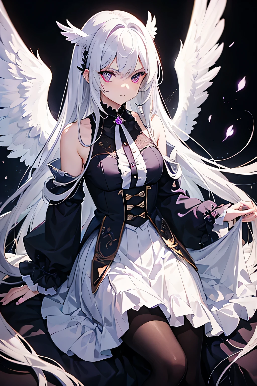 A girl with angel wings, long white hair, purples eyes. Angry face. Elegant clothes. Dark background.