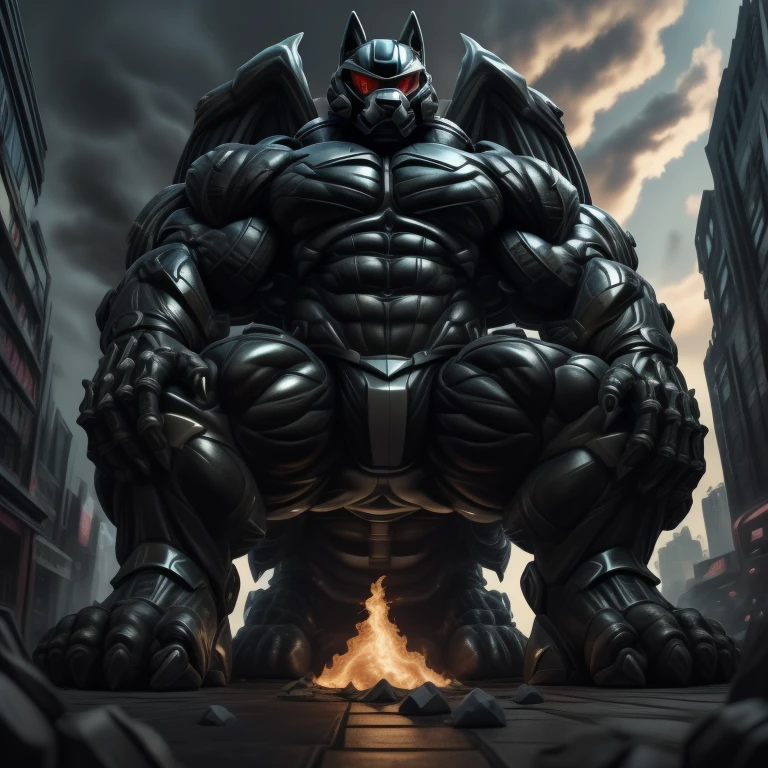 (masterpiece. official art. 8k. best quality. detailed full body. full body.)
(situation 1 : dominating mega lucario. focus GIANT mechanical Muscular mega lucario is trampling the CITY. macro. stomp. Low-angle perspective. emphasizing the immense size. The perspective is from below, emphasizing the sheer majesty and power of the Giant. giant art. He is much bigger than a skyscraper. Giga Giants. micro soccer field. looking down.)

(situation 2 :smoke and flames rising from the destruction in the city)

(Additional details 1: wearing a full-face helmet. helmet is jet black. The color of NANOSUIT is jet black. high-tech bio-mecha armor. real texture material. whole body shines like metal. Wearing cyberpunk mecha. emphasizes the muscles. suit fully made of metal. intricate armor. Robotic suit. suit fully made of metal. no face.). (mega lucario has 5 toes.) Wearing a Full Face Toxic Gas Mask. no blue.
An arrogant expression.
smile at the corner of your mouth.

(Additional details 2: (Detailed head. Detailed Body. Detailed abs. gigantic muscles. HYPER MUSCLES. Gigachad Muscular. big muscle. pecs. triceps. traps. unusually developed muscular body. body full of huge muscles. showing off muscles. pectorales enormes. Exaggeratedly huge muscles. huge muscles. long legs.).

(Additional details 3: nj5furry, Spread wings. It has wings. black have big wings. The claws are sharp. Sharp teeth.5 toes.).  Wearing a Full Face Toxic Gas Mask. 