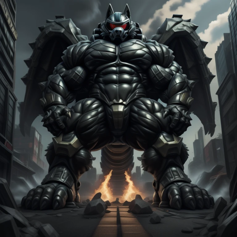 (masterpiece. official art. 8k. best quality. detailed full body. full body.)
(situation 1 : dominating mega lucario. focus GIANT mechanical Muscular mega lucario is trampling the CITY. macro. stomp. Low-angle perspective. emphasizing the immense size. The perspective is from below, emphasizing the sheer majesty and power of the Giant. giant art. He is much bigger than a skyscraper. Giga Giants. micro soccer field. looking down.)
(situation 2 :smoke and flames rising from the destruction in the city)
(Additional details 1: wearing a full-face helmet. helmet is jet black. The color of NANOSUIT is jet black. high-tech bio-mecha armor. real texture material. whole body shines like metal. Wearing cyberpunk mecha. emphasizes the muscles. suit fully made of metal. intricate armor. Robotic suit. suit fully made of metal. no face.). (mega lucario has 5 toes.) Wearing a Full Face Toxic Gas Mask. no blue.
An arrogant expression.
smile at the corner of your mouth.
(Additional details 2: (Detailed head. Detailed Body. Detailed abs. gigantic muscles. HYPER MUSCLES. Gigachad Muscular. big muscle. pecs. triceps. traps. unusually developed muscular body. body full of huge muscles. showing off muscles. pectorales enormes. Exaggeratedly huge muscles. huge muscles. long legs.).
(Additional details 3: nj5furry, Spread wings. It has wings. black have big wings. The claws are sharp. Sharp teeth.5 toes.). Wearing a Full Face Toxic Gas Mask.