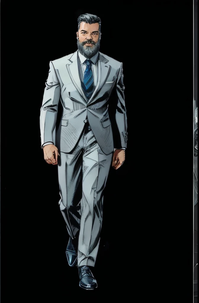 man looking at viewer, style marvel comics, full height body, front view, square face,kindly smiling,detailed white beard,detailed face,short white haircut,wearing business suit,dark blue tie,gray pants,black shoes,white background,masterpiece,photorealistic,ultra-detailed,vibrant colors