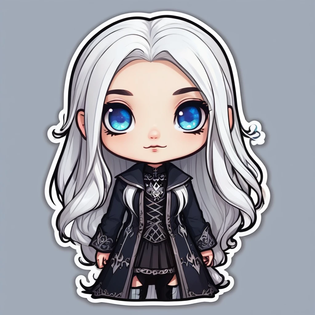 a sticker，girl with white hair, light skin, blue colored eyes, long hair, evilness, magie, drawing image, simple background, Cute cartoon, Gothic style, chibi style, highy detailed, highest quallity, high details, work of art, black leagwear