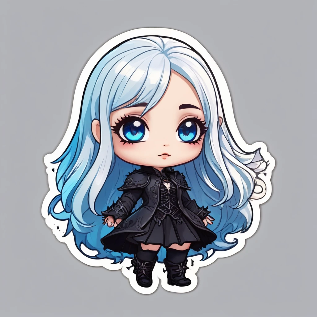 a sticker，girl with white hair, light skin, blue colored eyes, long hair, evilness, magie, drawing image, simple background, Cute cartoon, Gothic style, chibi style, highy detailed, highest quallity, high details, work of art, black leagwear