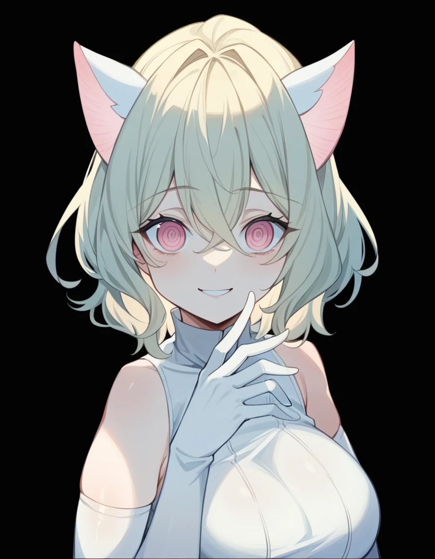 (One girl)、(bob cut)、((Blonde))、(Sato Air)、(slan eyes)、(boyish)、cute、(Big super breasts)、Chubby、Maid clothes、No sleeve、mini skirt、White sleeveless、thigh-high socks thighhighs、(long gloves)、hairs between eyes、(coarse hair)、flipped hair、pink eye、(say)、smile、arm behind back、White Background