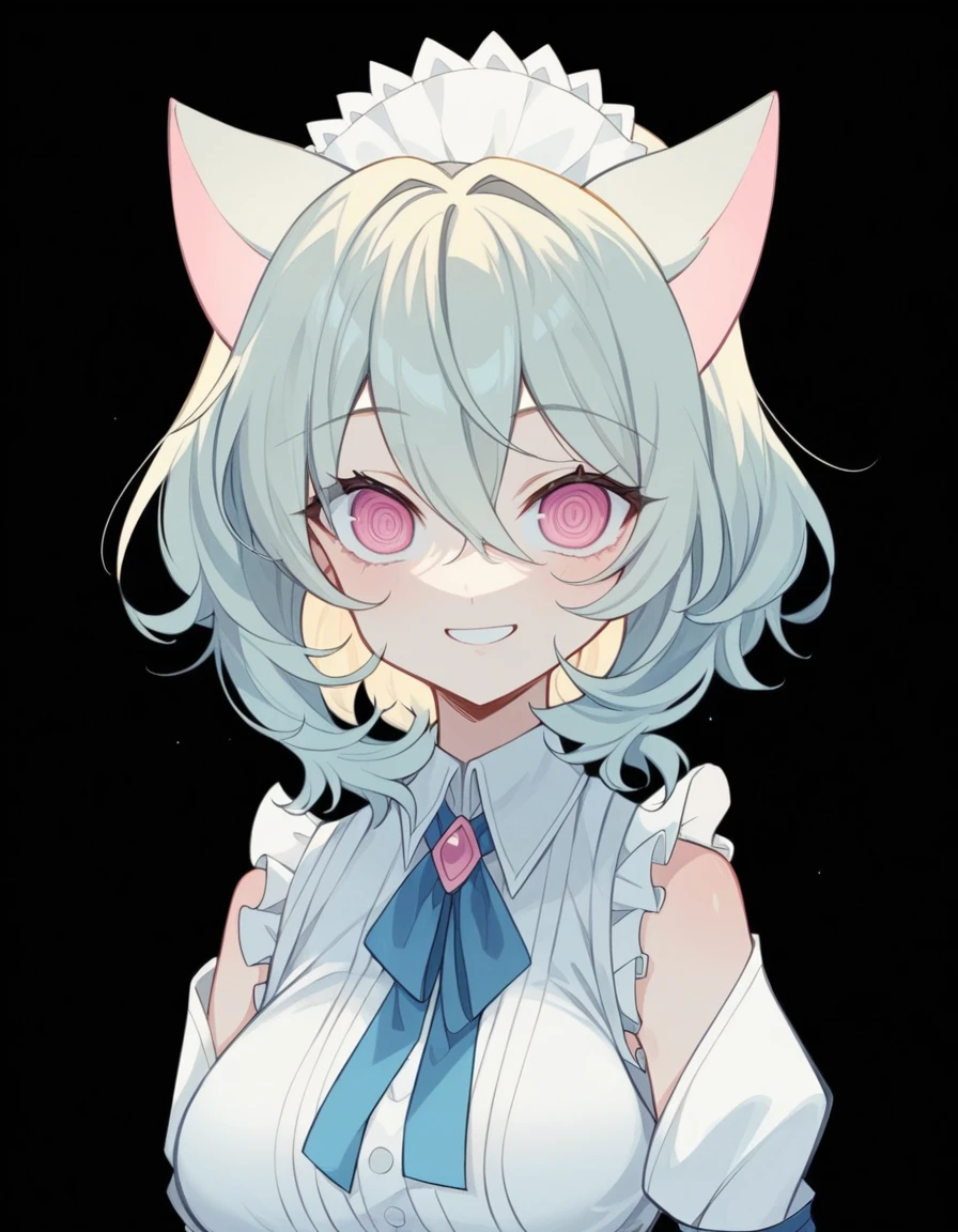 (One girl)、(bob cut)、((Blonde))、(Sato Air)、(slan eyes)、(boyish)、cute、(Big super breasts)、Chubby、Maid clothes、No sleeve、mini skirt、White sleeveless、thigh-high socks thighhighs、(long gloves)、hairs between eyes、(coarse hair)、flipped hair、pink eye、(say)、smile、arm behind back、White Background