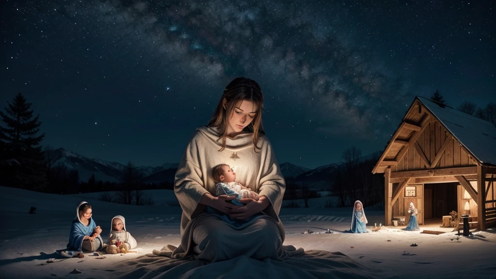 a 300 dpi vector image of a nativity with Mary and Joseph holding baby Jesus. Mary and Joseph looking down at baby Jesus lovingly. Baby Jesus is sleeping peacefully. Barn animals in the background in an ancient setting on a dark night. An extremely bright star is shining down on the nativity scene. In primarily blue tones. Peaceful, heavenly, 3d, loving, religious, realistic.