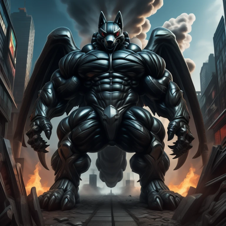 (masterpiece. official art. 8k. best quality. detailed full body. full body.)
(situation 1 : dominating mega lucario. focus GIANT mechanical Muscular mega lucario is trampling the CITY. macro. stomp. Low-angle perspective. emphasizing the immense size. The perspective is from below, emphasizing the sheer majesty and power of the Giant. giant art. He is much bigger than a skyscraper. Giga Giants. micro soccer field. looking down.)

(situation 2 :smoke and flames rising from the destruction in the city)

(Additional details 1: wearing a full-face helmet. helmet is jet black. The color of NANOSUIT is jet black. high-tech bio-mecha armor. real texture material. whole body shines like metal. Wearing cyberpunk mecha. emphasizes the muscles. suit fully made of metal. intricate armor. Robotic suit. suit fully made of metal. no face.). (mega lucario has 5 toes.) Wearing a Full Face Toxic Gas Mask. no blue.
An arrogant expression.
smile at the corner of your mouth.

(Additional details 2: (Detailed head. Detailed Body. Detailed abs. gigantic muscles. HYPER MUSCLES. Gigachad Muscular. big muscle. pecs. triceps. traps. unusually developed muscular body. body full of huge muscles. showing off muscles. pectorales enormes. Exaggeratedly huge muscles. huge muscles. long legs.).

(Additional details 3: nj5furry, Spread wings. It has wings. black have big wings. The claws are sharp. Sharp teeth.5 toes.).  Wearing a Full Face Toxic Gas Mask. 