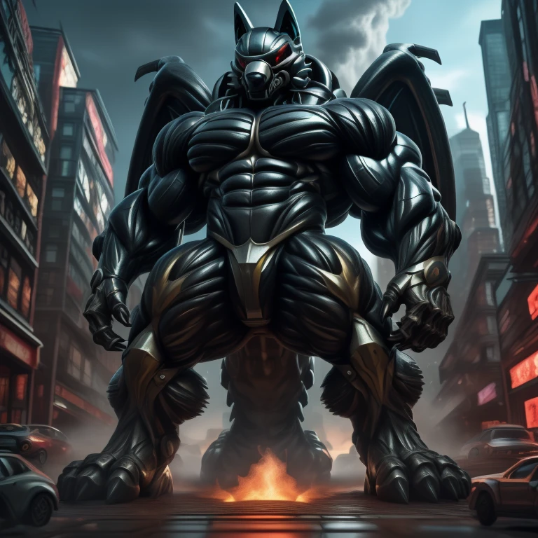 (masterpiece. official art. 8k. best quality. detailed full body. full body.)
(situation 1 : dominating mega lucario. focus GIANT mechanical Muscular mega lucario is trampling the CITY. macro. stomp. Low-angle perspective. emphasizing the immense size. The perspective is from below, emphasizing the sheer majesty and power of the Giant. giant art. He is much bigger than a skyscraper. Giga Giants. micro soccer field. looking down.)

(situation 2 :smoke and flames rising from the destruction in the city)

(Additional details 1: wearing a full-face helmet. helmet is jet black. The color of NANOSUIT is jet black. high-tech bio-mecha armor. real texture material. whole body shines like metal. Wearing cyberpunk mecha. emphasizes the muscles. suit fully made of metal. intricate armor. Robotic suit. suit fully made of metal. no face.). (mega lucario has 5 toes.) Wearing a Full Face Toxic Gas Mask. no blue.
An arrogant expression.
smile at the corner of your mouth.

(Additional details 2: (Detailed head. Detailed Body. Detailed abs. gigantic muscles. HYPER MUSCLES. Gigachad Muscular. big muscle. pecs. triceps. traps. unusually developed muscular body. body full of huge muscles. showing off muscles. pectorales enormes. Exaggeratedly huge muscles. huge muscles. long legs.).

(Additional details 3: nj5furry, Spread wings. It has wings. black have big wings. The claws are sharp. Sharp teeth.5 toes.).  Wearing a Full Face Toxic Gas Mask. 