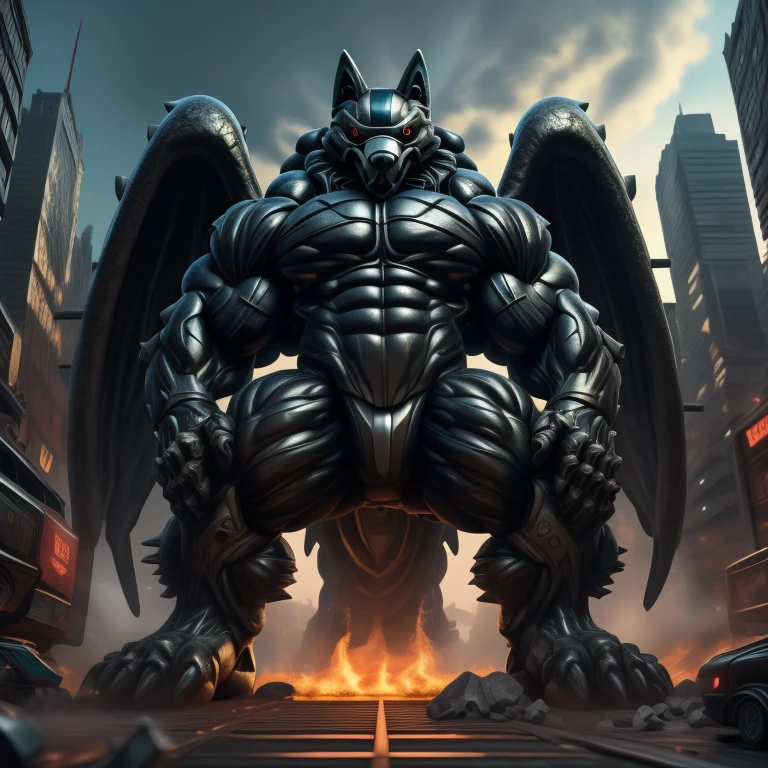 (masterpiece. official art. 8k. best quality. detailed full body. full body.)
(situation 1 : dominating mega lucario. focus GIANT mechanical Muscular mega lucario is trampling the CITY. macro. stomp. Low-angle perspective. emphasizing the immense size. The perspective is from below, emphasizing the sheer majesty and power of the Giant. giant art. He is much bigger than a skyscraper. Giga Giants. micro soccer field. looking down.)

(situation 2 :smoke and flames rising from the destruction in the city)

(Additional details 1: wearing a full-face helmet. helmet is jet black. The color of NANOSUIT is jet black. high-tech bio-mecha armor. real texture material. whole body shines like metal. Wearing cyberpunk mecha. emphasizes the muscles. suit fully made of metal. intricate armor. Robotic suit. suit fully made of metal. no face.). (mega lucario has 5 toes.) Wearing a Full Face Toxic Gas Mask. no blue.
An arrogant expression.
smile at the corner of your mouth.

(Additional details 2: (Detailed head. Detailed Body. Detailed abs. gigantic muscles. HYPER MUSCLES. Gigachad Muscular. big muscle. pecs. triceps. traps. unusually developed muscular body. body full of huge muscles. showing off muscles. pectorales enormes. Exaggeratedly huge muscles. huge muscles. long legs.).

(Additional details 3: nj5furry, Spread wings. It has wings. black have big wings. The claws are sharp. Sharp teeth.5 toes.).  Wearing a Full Face Toxic Gas Mask. 