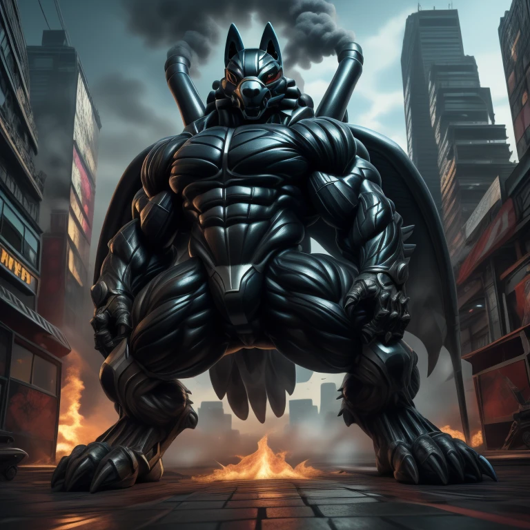 (masterpiece. official art. 8k. best quality. detailed full body. full body.)
(situation 1 : dominating mega lucario. focus GIANT mechanical Muscular mega lucario is trampling the CITY. macro. stomp. Low-angle perspective. emphasizing the immense size. The perspective is from below, emphasizing the sheer majesty and power of the Giant. giant art. He is much bigger than a skyscraper. Giga Giants. micro soccer field. looking down.)

(situation 2 :smoke and flames rising from the destruction in the city)

(Additional details 1: wearing a full-face helmet. helmet is jet black. The color of NANOSUIT is jet black. high-tech bio-mecha armor. real texture material. whole body shines like metal. Wearing cyberpunk mecha. emphasizes the muscles. suit fully made of metal. intricate armor. Robotic suit. suit fully made of metal. no face.). (mega lucario has 5 toes.) Wearing a Full Face Toxic Gas Mask. no blue.
An arrogant expression.
smile at the corner of your mouth.

(Additional details 2: (Detailed head. Detailed Body. Detailed abs. gigantic muscles. HYPER MUSCLES. Gigachad Muscular. big muscle. pecs. triceps. traps. unusually developed muscular body. body full of huge muscles. showing off muscles. pectorales enormes. Exaggeratedly huge muscles. huge muscles. long legs.).

(Additional details 3: nj5furry, Spread wings. It has wings. black have big wings. The claws are sharp. Sharp teeth.5 toes.).  Wearing a Full Face Toxic Gas Mask. 