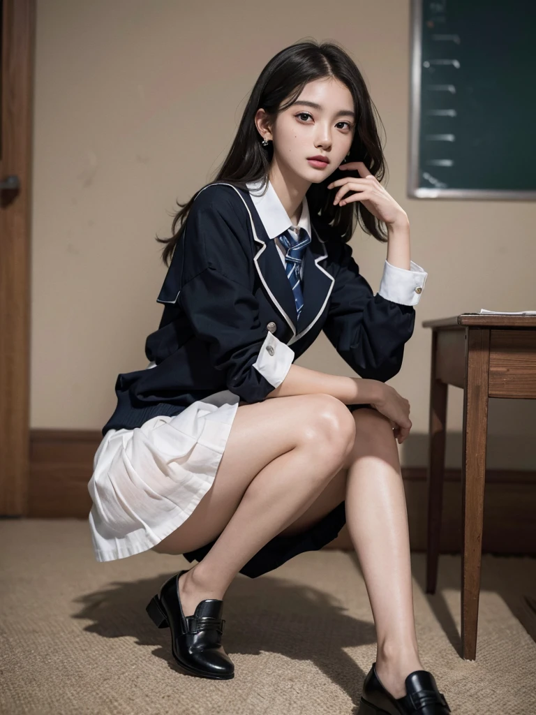 absurdres, RAW photo, extremely delicate and beautiful, masterpiece, Best Quality, ultra high resolution, 32k, hyperrealistic, ultra-detailed, super Detailed skin, 20 years old, very small head, very small face, very detailed eyes and face, tearful mole, earring, very huge round breasts, legs, medium hair, ((full body shot)), indoor, ((school_uniform)),