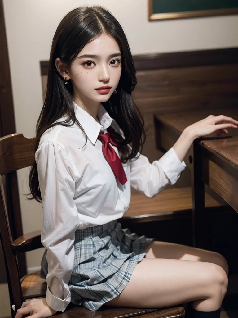 absurdres, RAW photo, extremely delicate and beautiful, masterpiece, Best Quality, ultra high resolution, 32k, hyperrealistic, ultra-detailed, super Detailed skin, 20 years old, very small head, very small face, very detailed eyes and face, tearful mole, earring, very huge round breasts, legs, medium hair, ((full body shot)), indoor, ((school_uniform)),