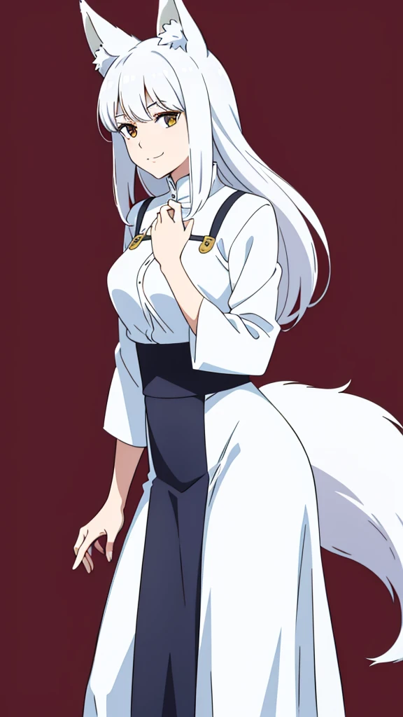 1girl ,solo,20s,mature female,white hair,long hair,fox ears,(simple background),white shirt,white skirt,smile,thinking