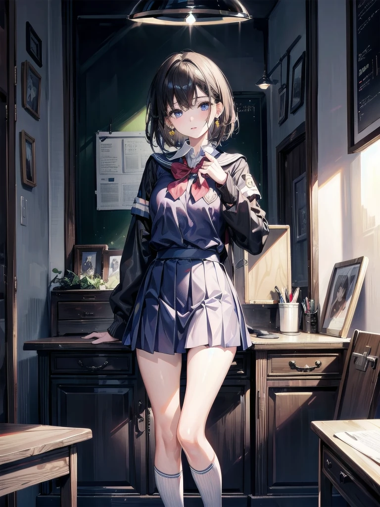 absurdres, RAW photo, extremely delicate and beautiful, masterpiece, Best Quality, ultra high resolution, 32k, hyperrealistic, ultra-detailed, super Detailed skin, 20 years old, very small head, very small face, very detailed eyes and face, tearful mole, earring, very huge round breasts, legs, medium hair, whole body shot, indoor, ((school_uniform)),