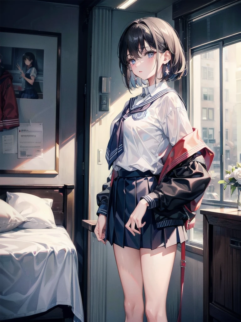 absurdres, RAW photo, extremely delicate and beautiful, masterpiece, Best Quality, ultra high resolution, 32k, hyperrealistic, ultra-detailed, super Detailed skin, 20 years old, very small head, very small face, very detailed eyes and face, tearful mole, earring, very huge round breasts, legs, medium hair, whole body shot, indoor, ((school_uniform)),