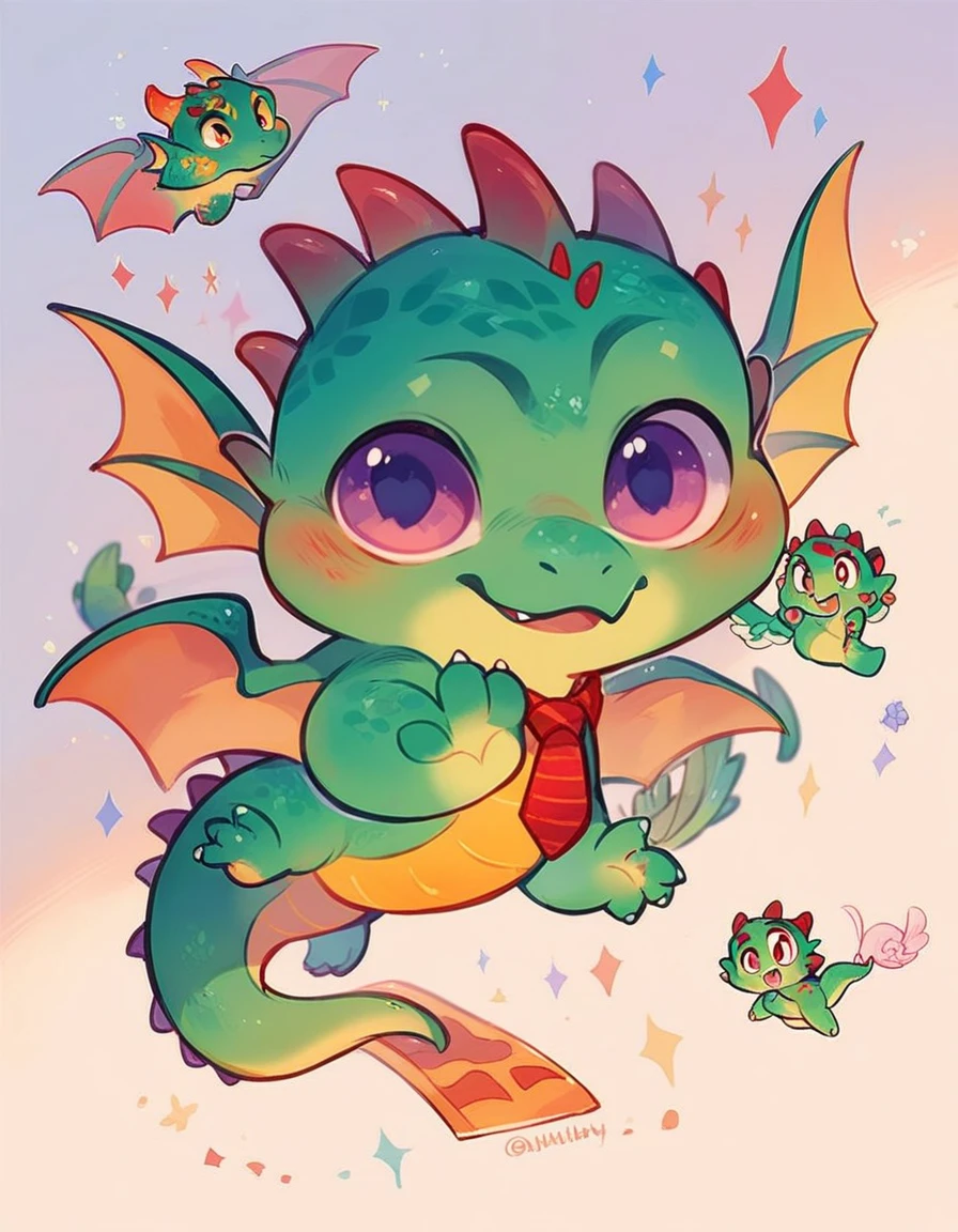 high quality, (dragon), (cute little Dragon), (cartoon:1.3),(((chibi:1.2))),(pixar style:1.2),(cute expression:1.1), ((((red with yellowish colors)))), he wears a gold tie, (((applause pose))), white background, full body, very cute, floating